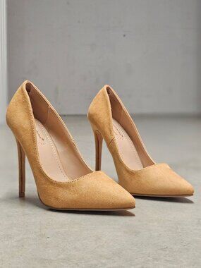Tan Faux Suede Pointed Toe Stiletto High Heels For Women Elegant Design